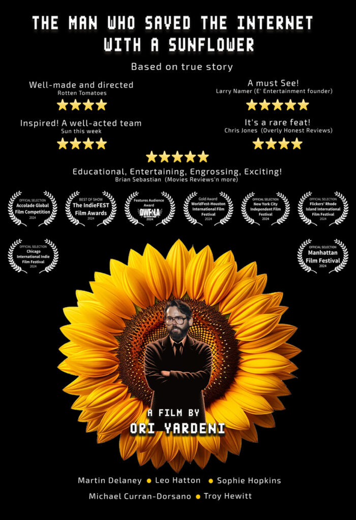 Movie poster for The Man Who Saved the Internet with a Sunflower, featuring a big sunflower on the poster.