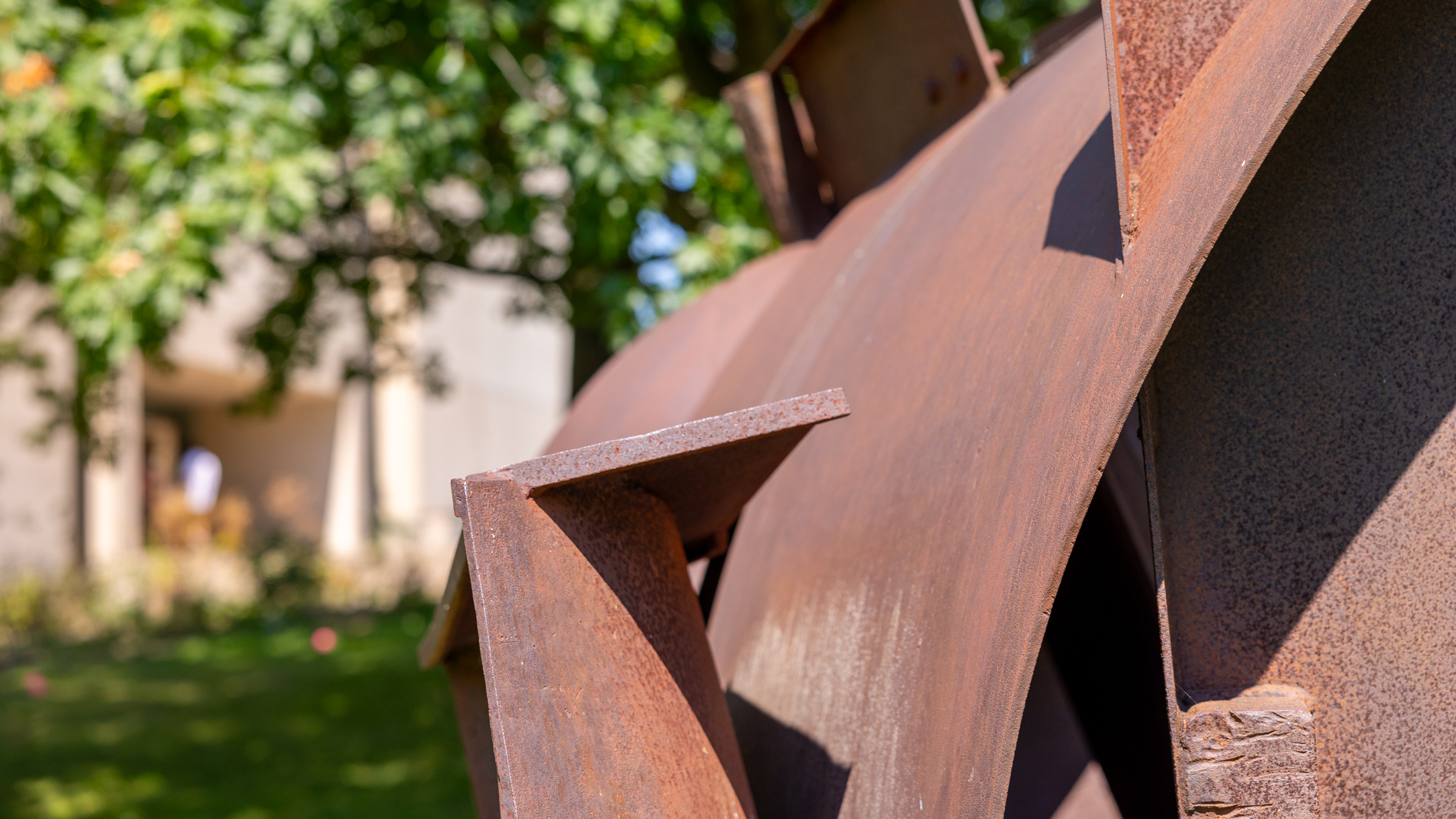 closeup of outdoor sculpture on Cornell campus as part of visual quiz