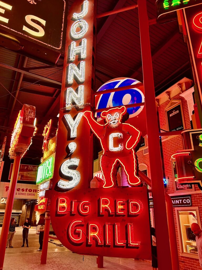 the restored Johnny’s Big Red Grill sign in the American Sign Museum in Cincinnati