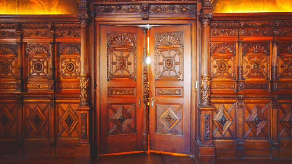 View of the doors and paneling in the dining room of the A.D. White House. The wood panels date from the mid-17th century, but aren't original to the house; they were removed from a New York City residence and installed in 1953