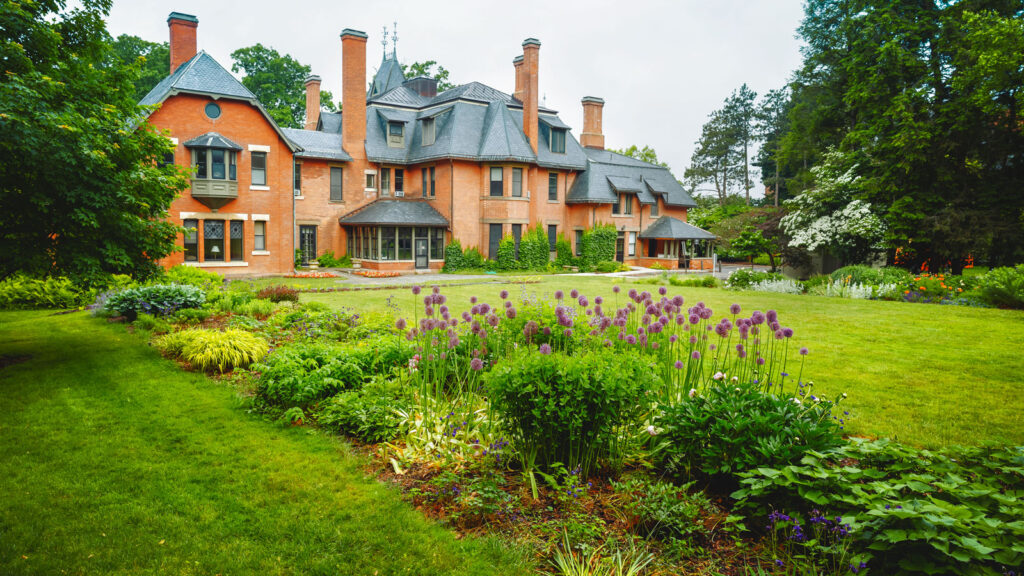 Rear view of the A.D. White House and gardens