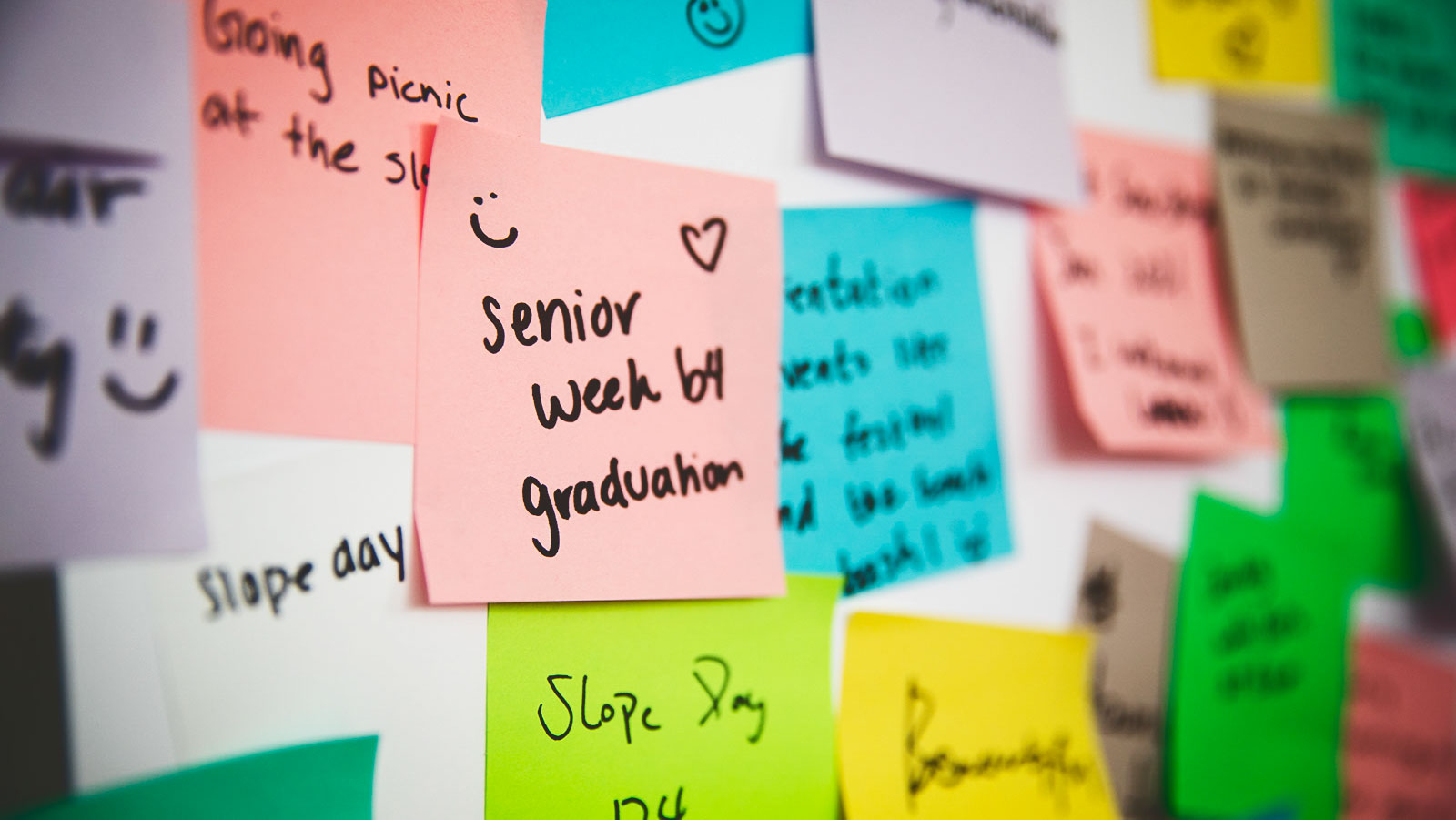 a close view of just a few of the hundreds of Post-It notes that students, alumni, and friends wrote about their fondest memories for Cornellians’ Homecoming 2024 exercise