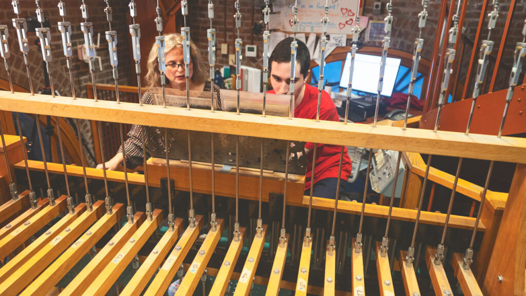 Chimes advisor Jennifer Lory-Moran plays a chimes concert with Chimesmasters Benjamin Isaacson