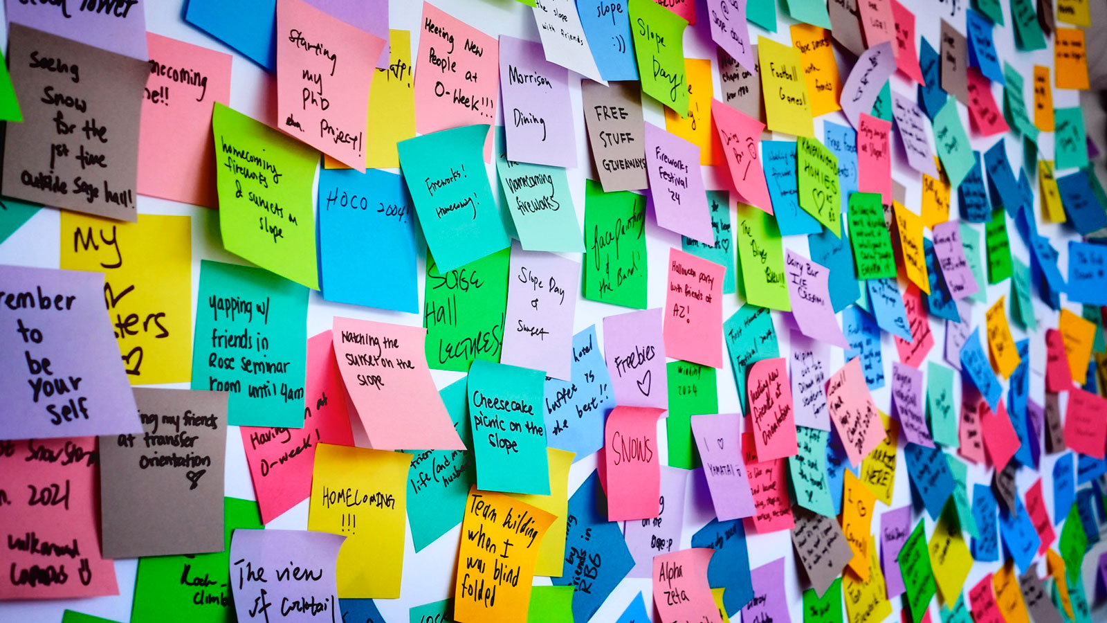 a close view of just a few dozen of the hundreds of Post-It notes that students, alumni, and friends wrote about their fondest memories for Cornellians’ Homecoming 2024 exercise