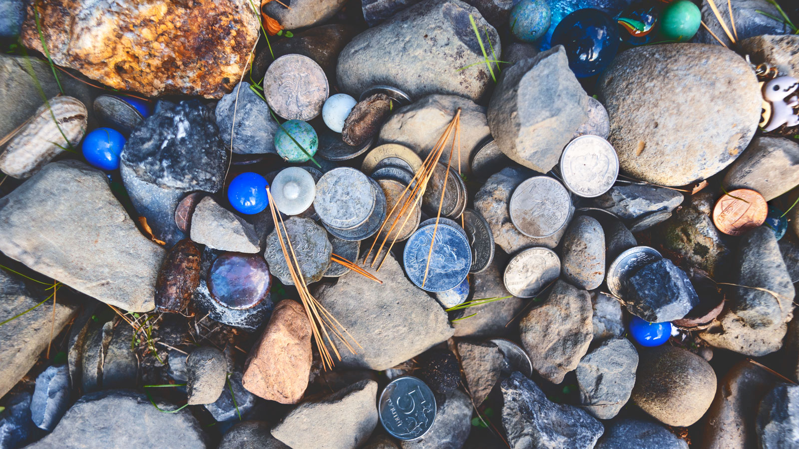 coins, pebbles, and marbles near the grave of Carl Sagan