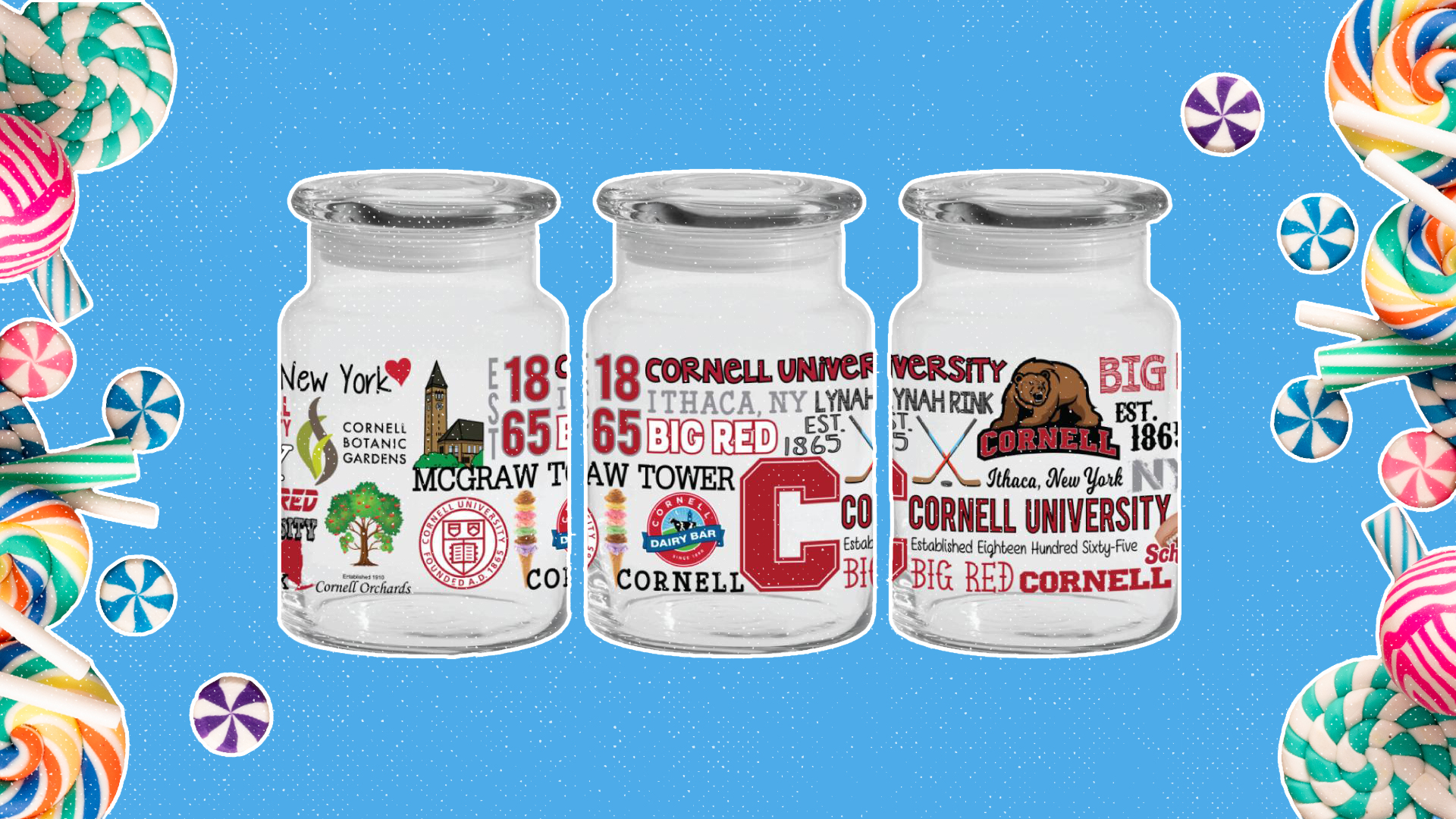 A trio of Cornell candy jars on a blue background with images of hard candy