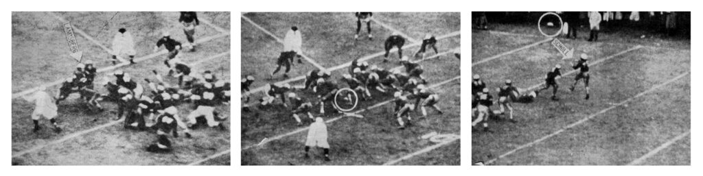 Three images that originally appeared in the 1914 Dartmouth yearbook show several of the plays during the last seconds of the famed "Fifth Down" game