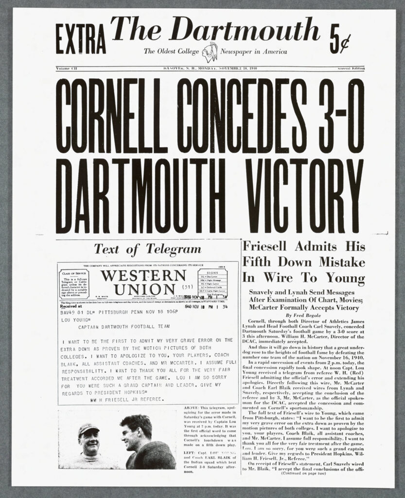 Front page of the November 18, 1940 issue of The Dartmouth college newspaper with the headline "Cornell Concedes 3–0 Dartmouth Victory"