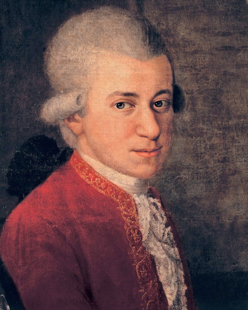 Detail of a 1781 portrait of Wolfgang Amadeus Mozart by Austrian painter Johann Nepomuk della Croce