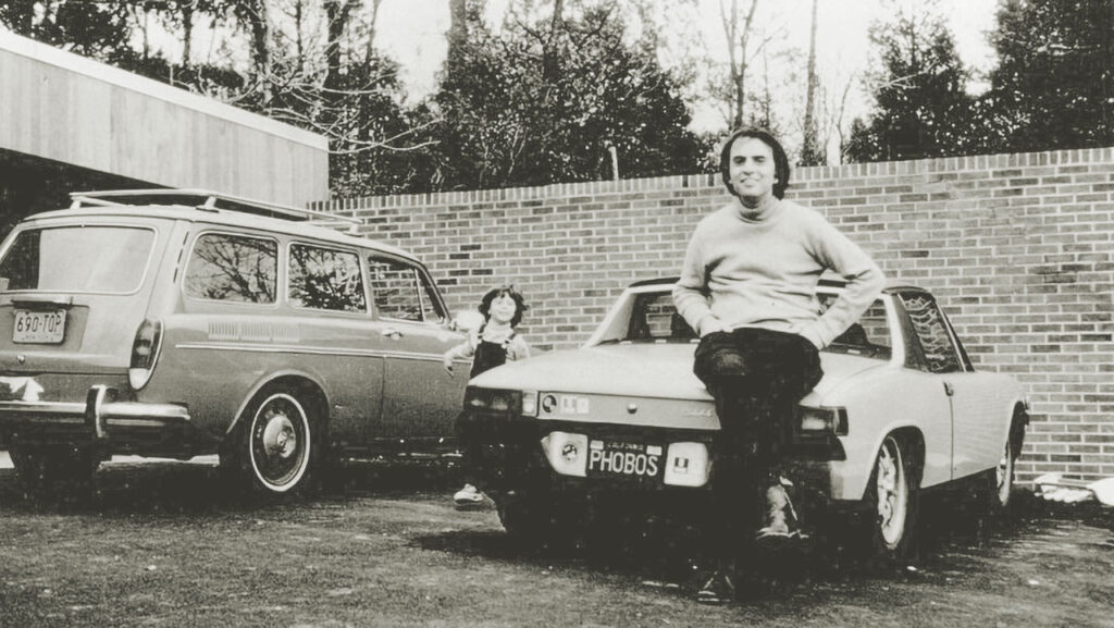 Carl Sagan and his son Nick, with Sagan's car sporting the "PHOBOS" license plate