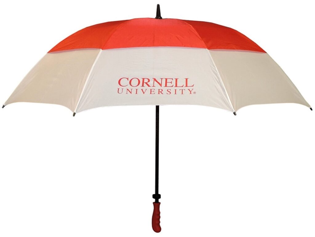 Cornell Store gift guide item: "Cornell" red-and-white umbrella