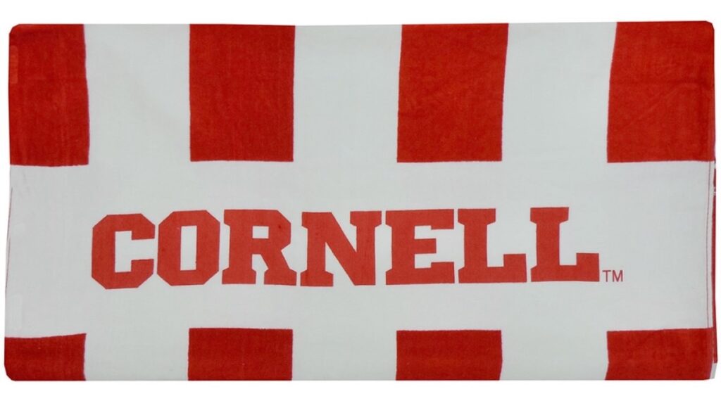 Cornell Store gift guide item: striped "Cornell" beach towel