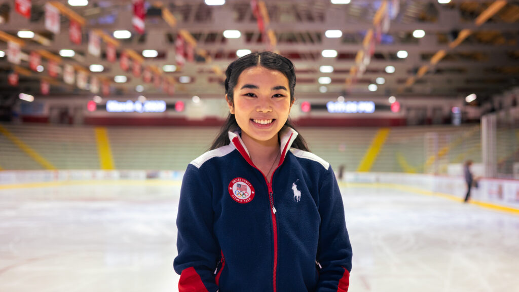 A portrait of Karen Chen ’23 on the ice at Lynah Rink