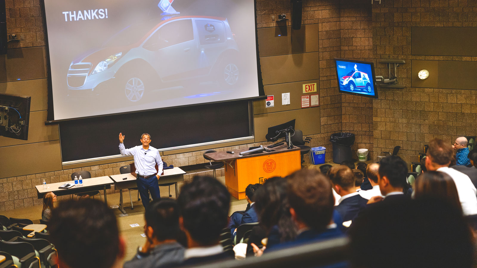 Domino's CEO Russell Weiner '90 spoke at a marketing class for graduate students in the business school, September 2024. Ives Hall, Pepsi Co. Auditorium.