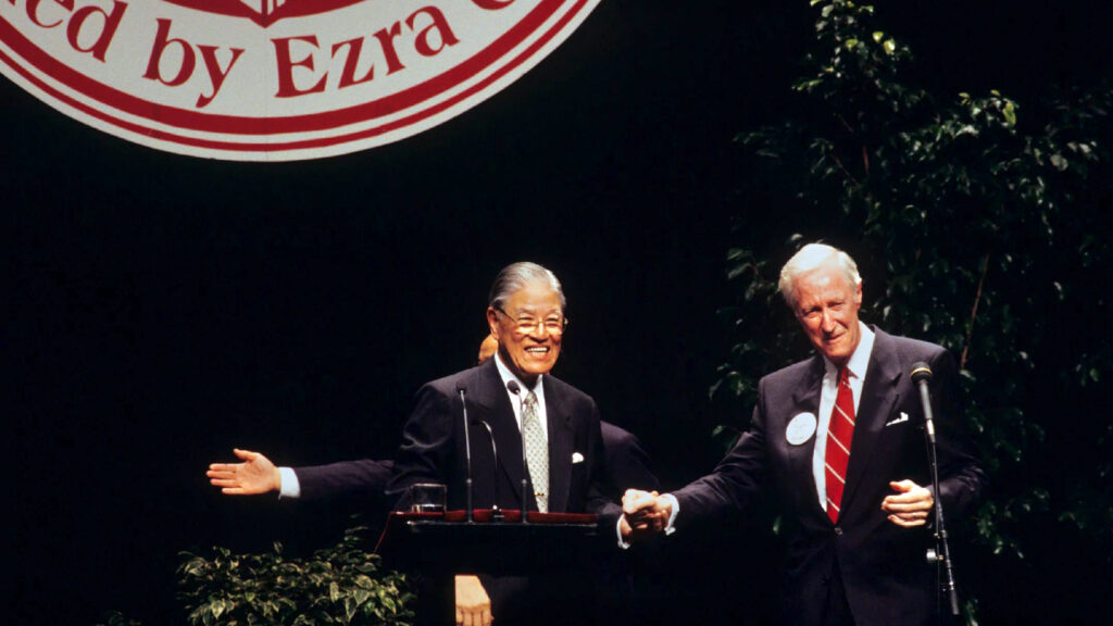 Tawian President Lee Teng-hui is pictured with Cornell President Frank H.T. Rhodes during a campus visit in 1995