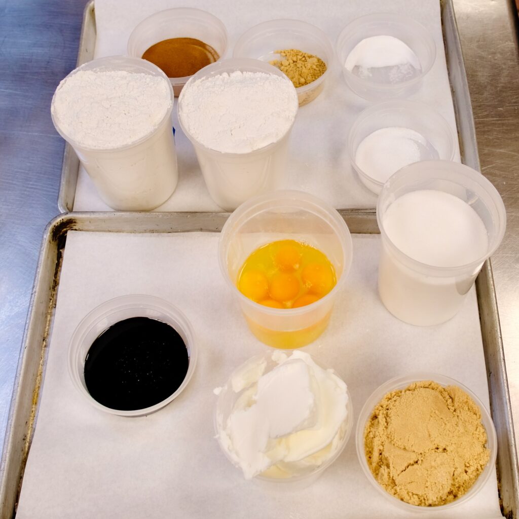 ingredients are laid out in the Cornell Club–NYC kitchen in preparation for making a gingerbread McGraw Tower