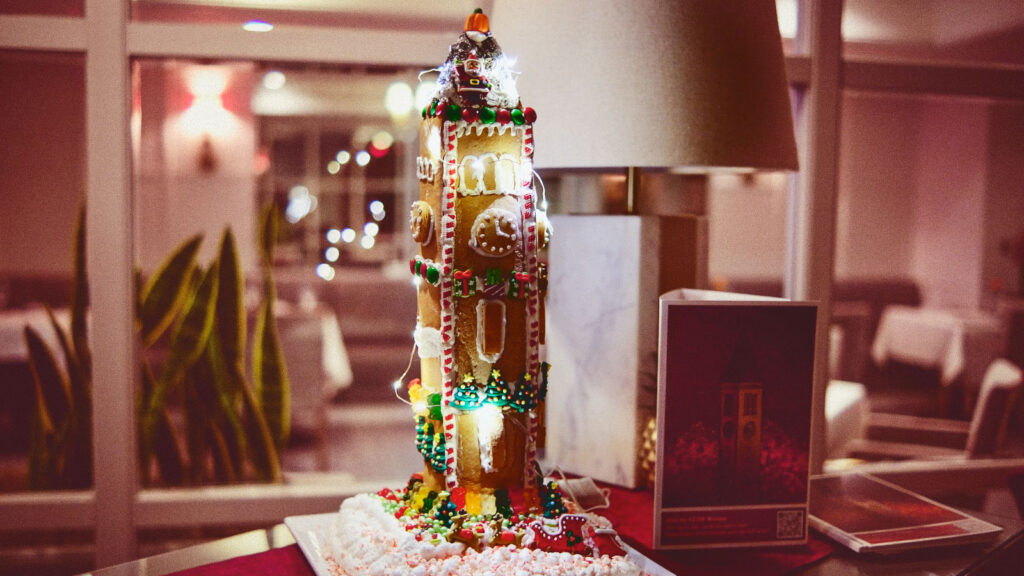 View of the completed gingerbread McGraw Tower at the Cornell Club-NYC