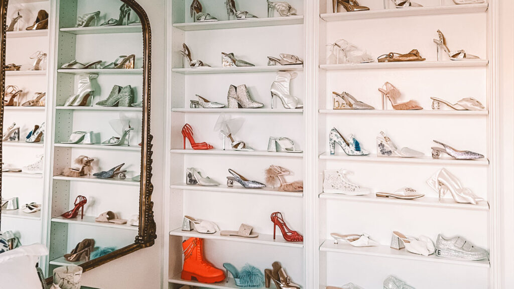 A shoe display of mostly heels from Hayley Paige's shoe business, Cheval.