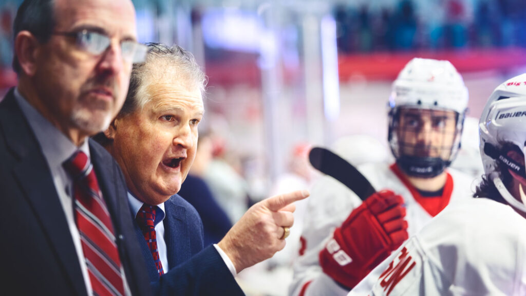 Men’s Hockey Head Coach Mike Schafer is seen on the bench during the Big Red’s game against Colgate University at Lynah Rink on Friday, December 6, 2024. (Ryan Young / Cornell University)