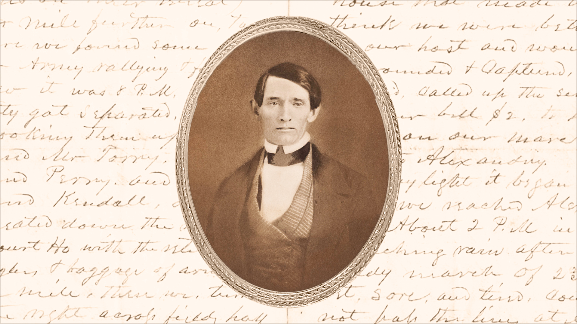 A photo of a young Ezra Cornell inside an oval frame on a background of his writing