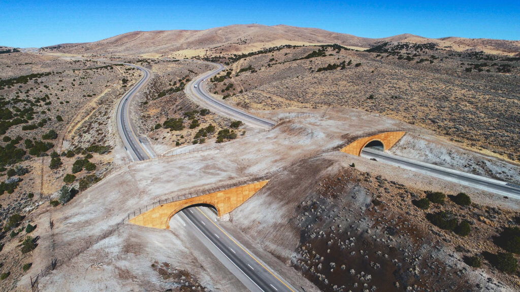 An aerial view of an animal crossing bridge on I-80 in Nevada.