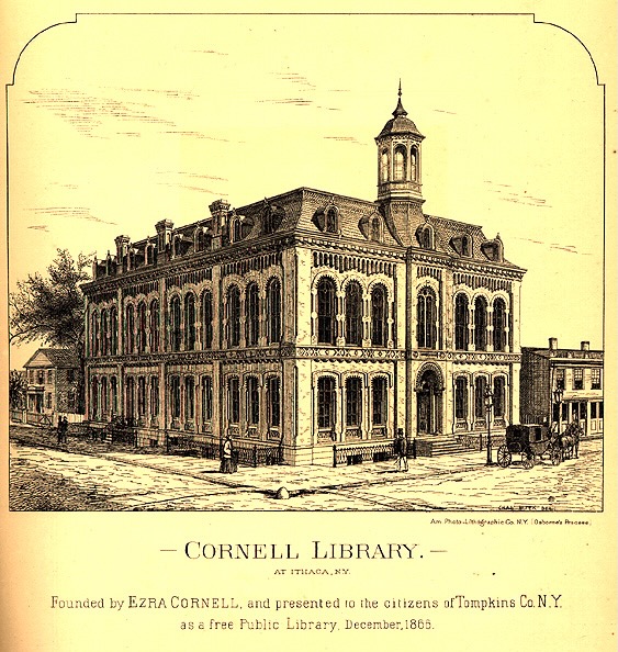 An illustration of the original Cornell Library in downtown Ithaca