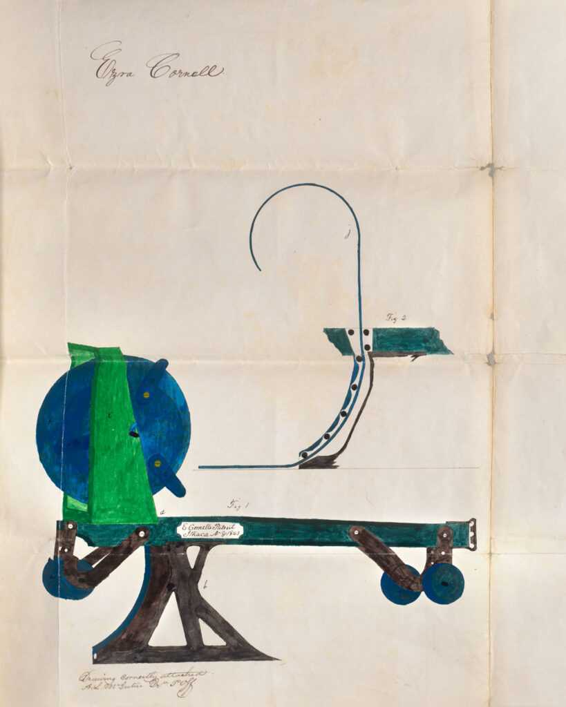 A drawing of a device to bury telegraph wire that Ezra submitted as part of his patent application