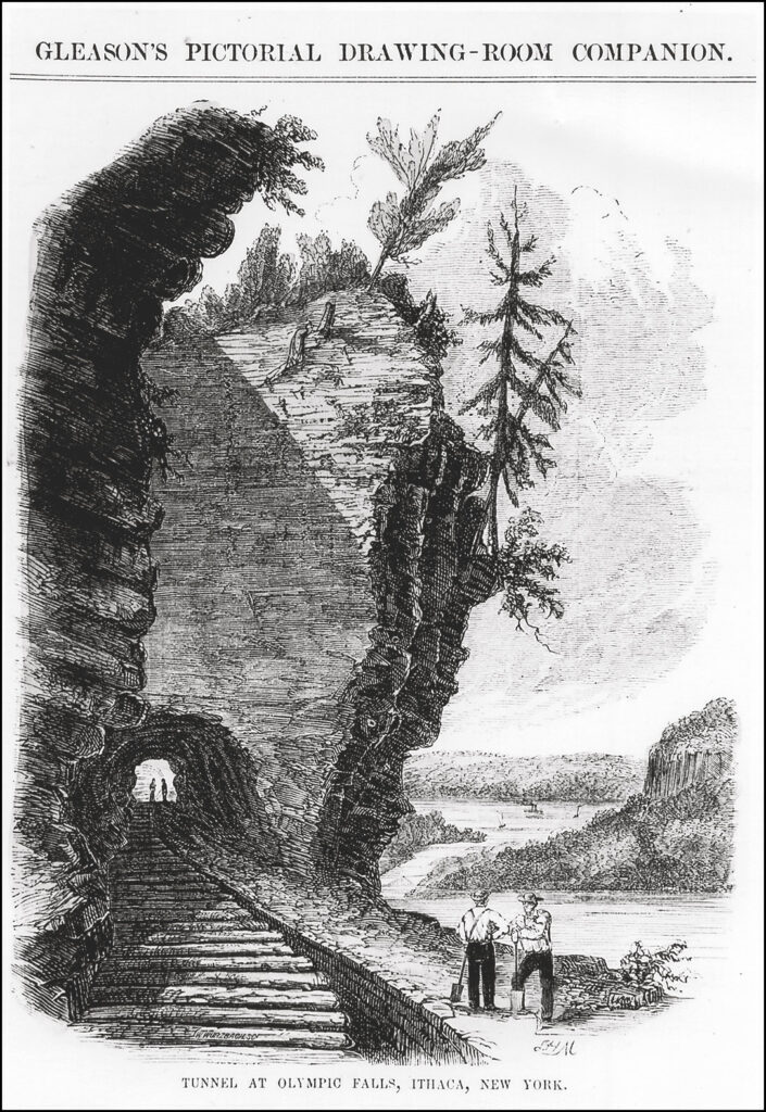 A vintage illustration of the tunnel that Ezra blasted in Fall Creek Gorge