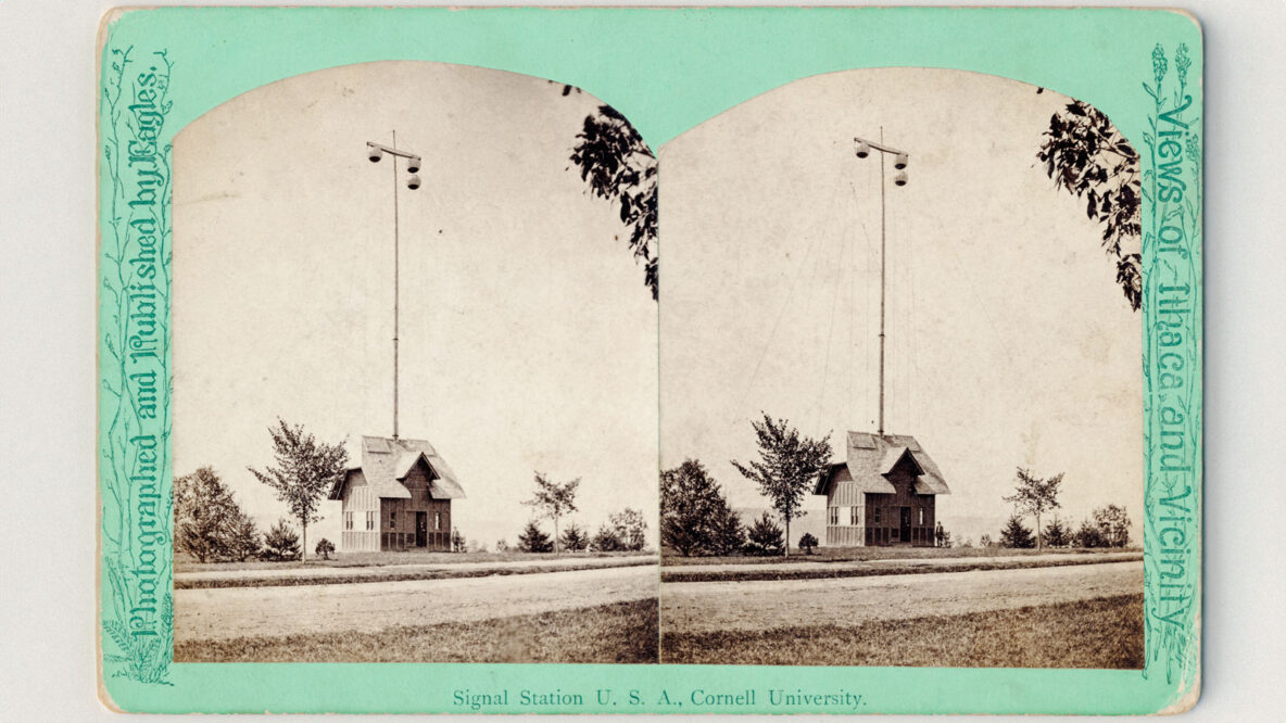 A vintage steroscopic image showing the cornell signal station in the 1880s