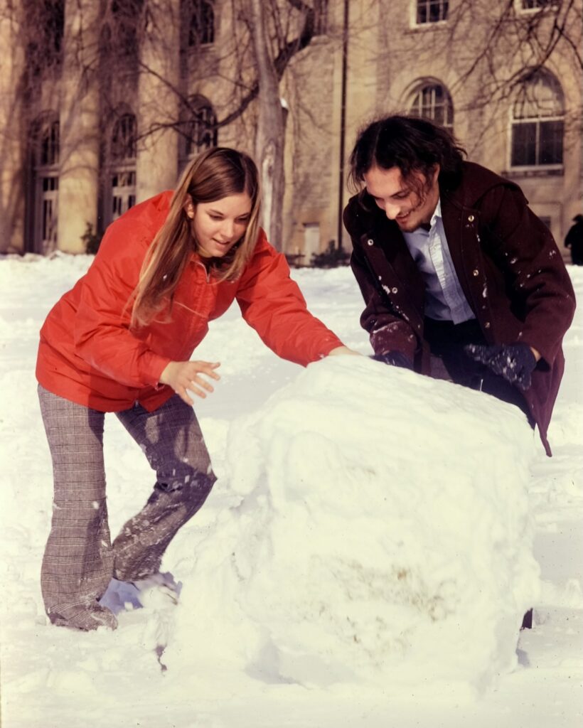 students begin creating a snow sculpture near Goldwin Smith Hall in 1971