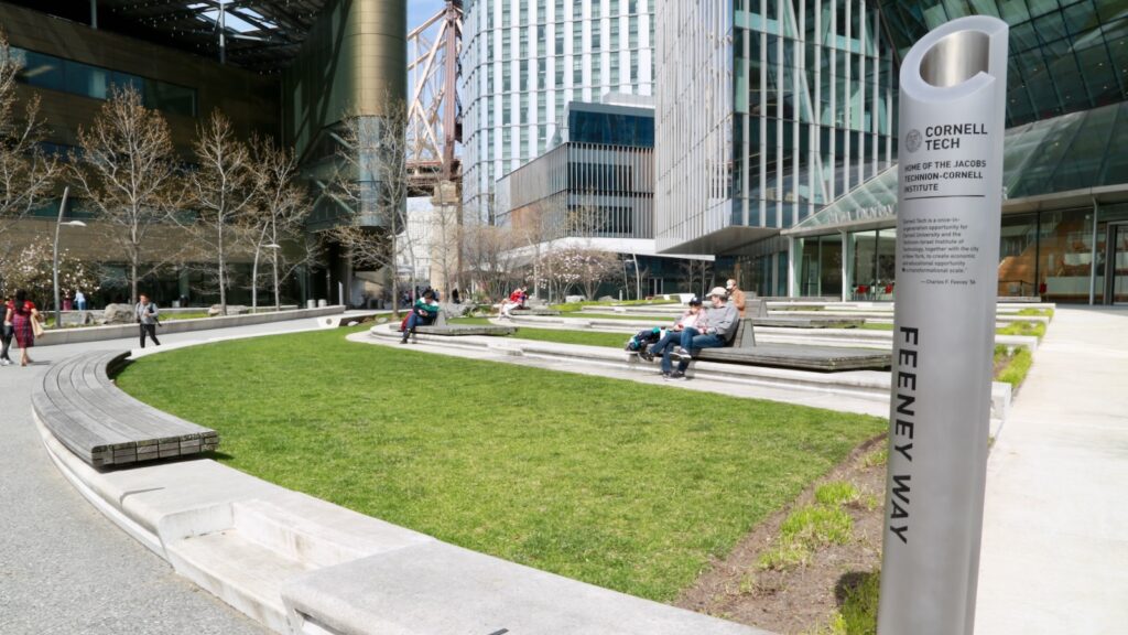 pedestrian-level view of Feeney Way on the Cornell Tech campus