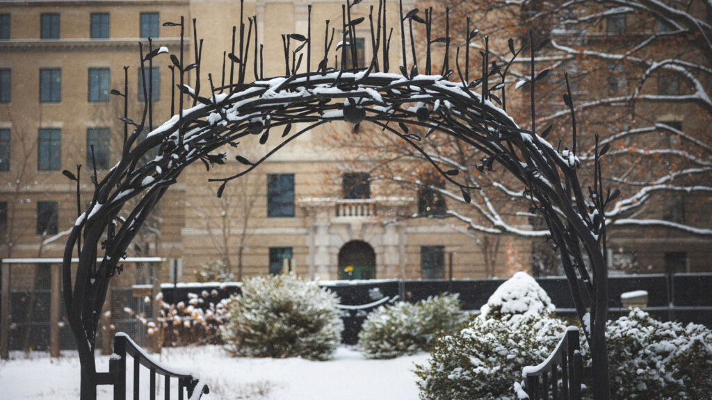 A wrought iron arch botanical sculpture in Minns Garden