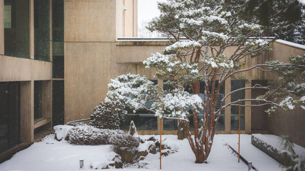 A snowy winter view of the Johnson Museum's Japanese Garden