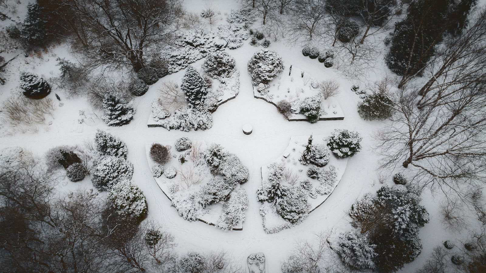 An aerial view of a circular bed at the Cornell Botanic Gardens in winter