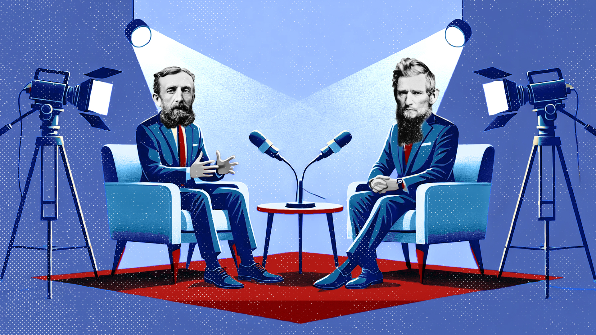 A playful graphic of Ezra Cornell and AD White sitting in chairs with microphones, cameras, and studio lights for a podcast.