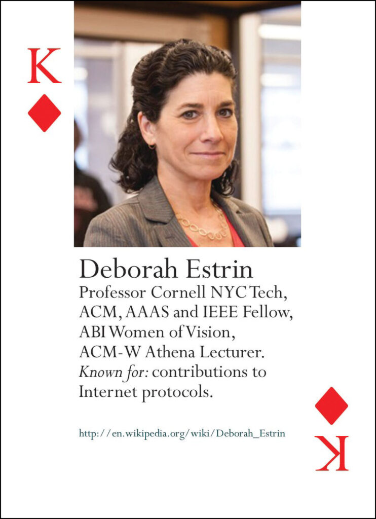 King of Diamonds playing card featuring a photo and short bio of Cornell Tech assistant dean and professor Deborah Estrin