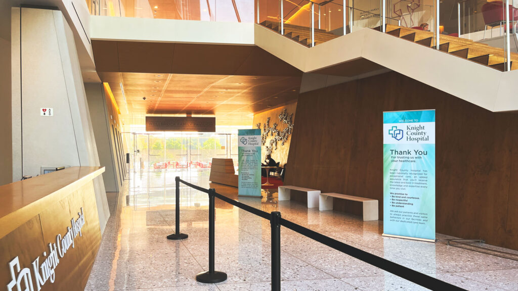 Cornell Tech’s Tata Innovation Center lobby set as “Knight County Hospital” for filming scenes in the film “IF”