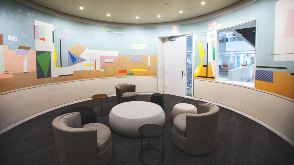 The restored Bolotowsky mural in its new home in a round room on the Cornell Tech campus