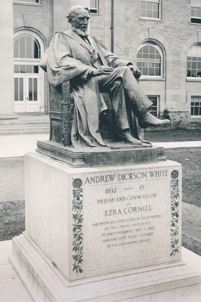 Andrew Dickson White's statue on the Arts Quad, unveiled in 1915, describes him as a "friend and counsellor" of cofounder Ezra Cornell