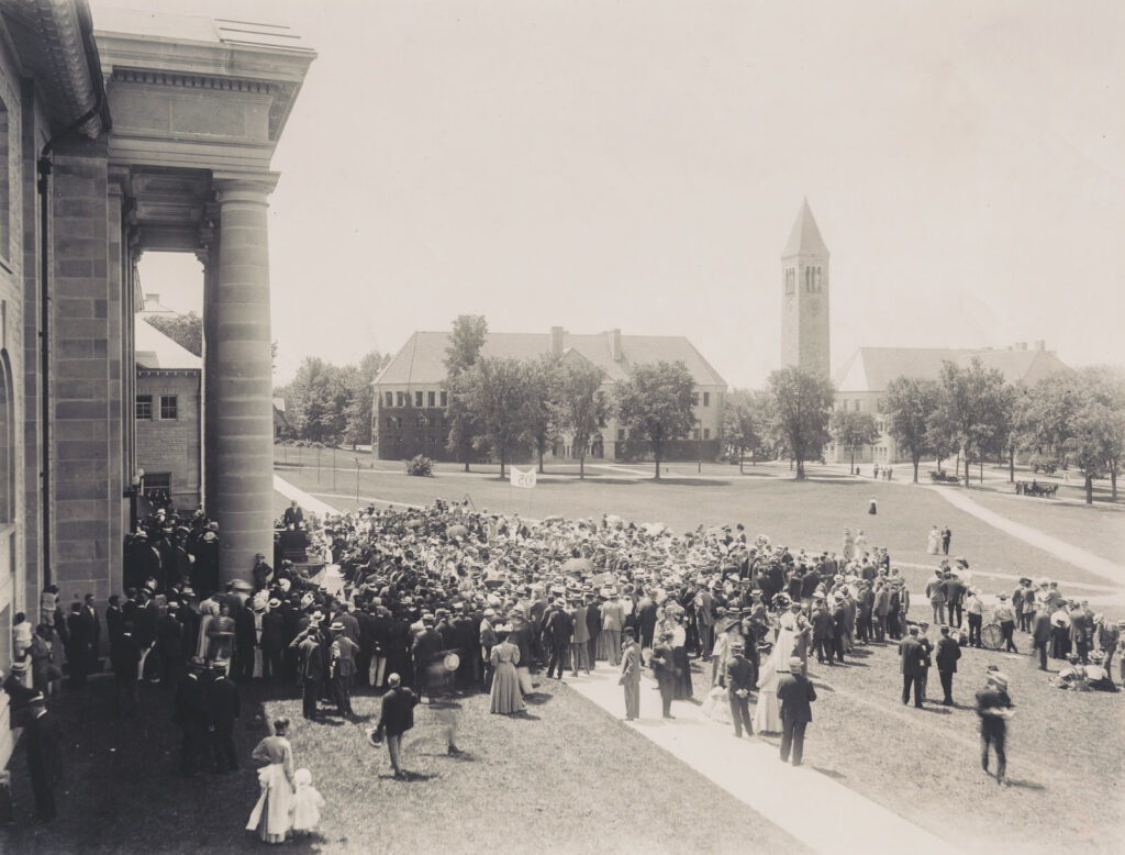 Andrew Dickson White addressed the young university's alumni on the Arts Quad in 1908 during ceremonies marking Cornell's 40th anniversary
