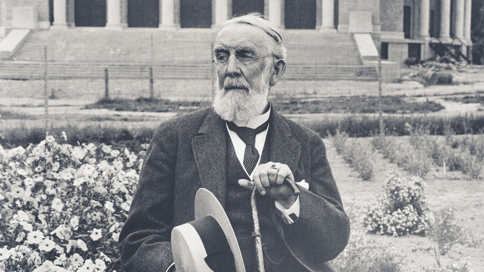 Andrew Dickson White, posed in front of Bailey Hall in 1913
