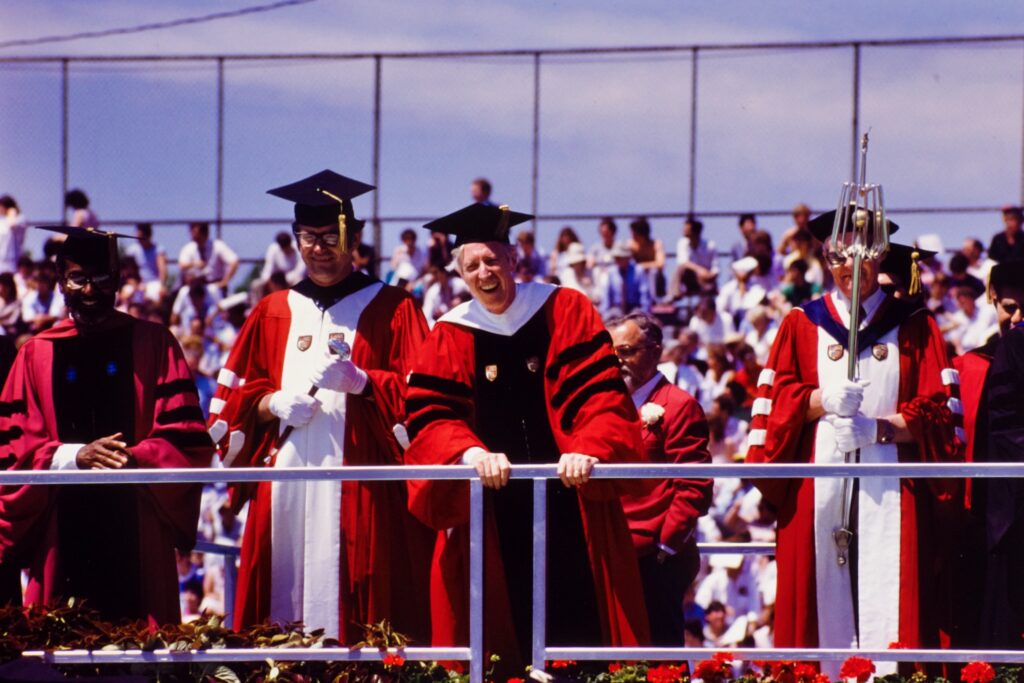 President Frank Rhodes on the dais at Commencement