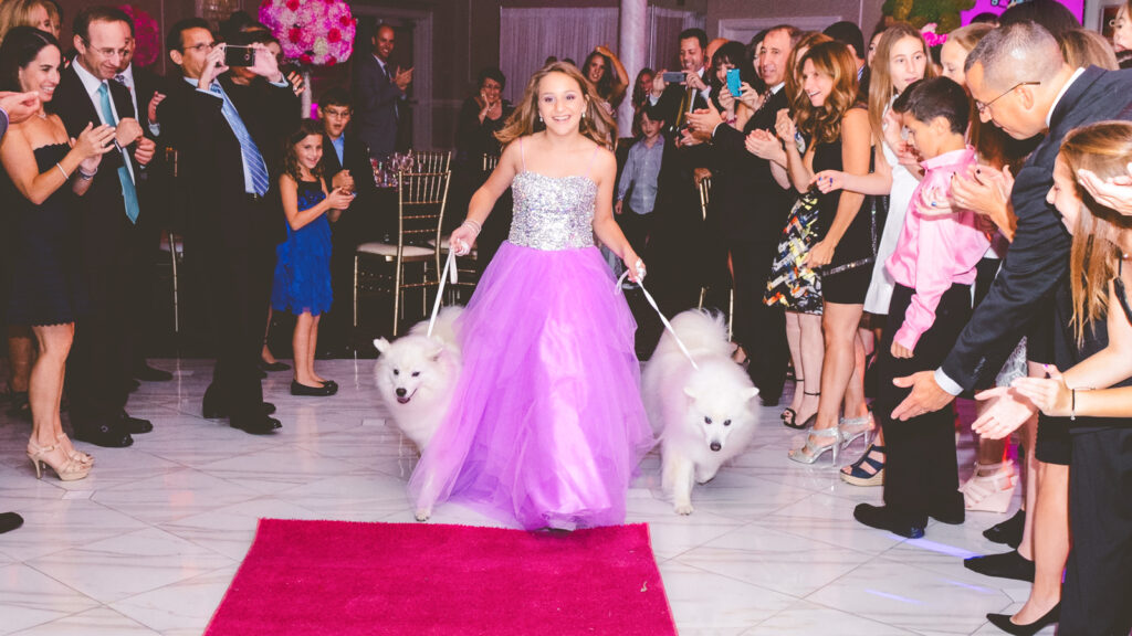 Two American Eskimo dogs appear with a girl for the entrance to a bat mitzvah celebration