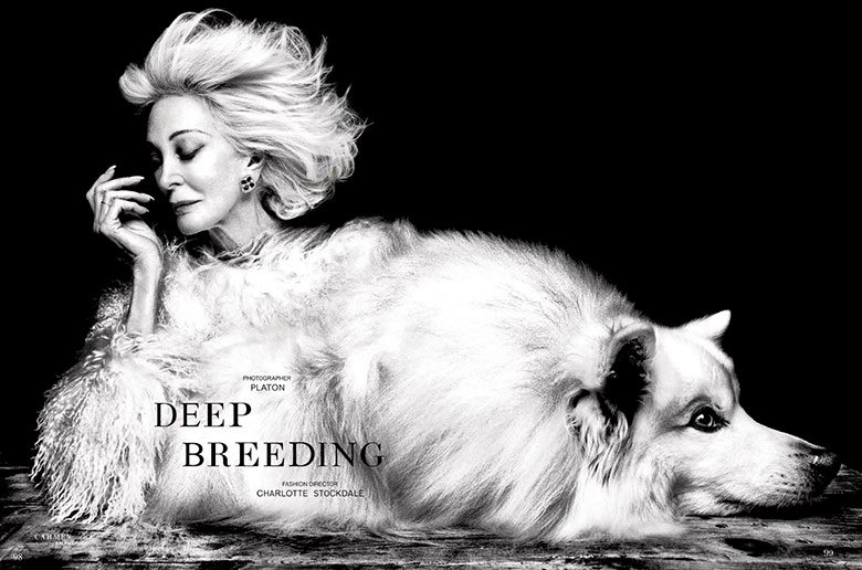 American Eskimo dog Atka appears with supermodel Carmen Dell'Orefice in an ad for "Garage" magazine in 2014