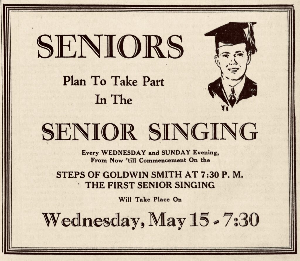 Ad for "Senior Singing" in a 1935 issue of the Cornell Daily Sun