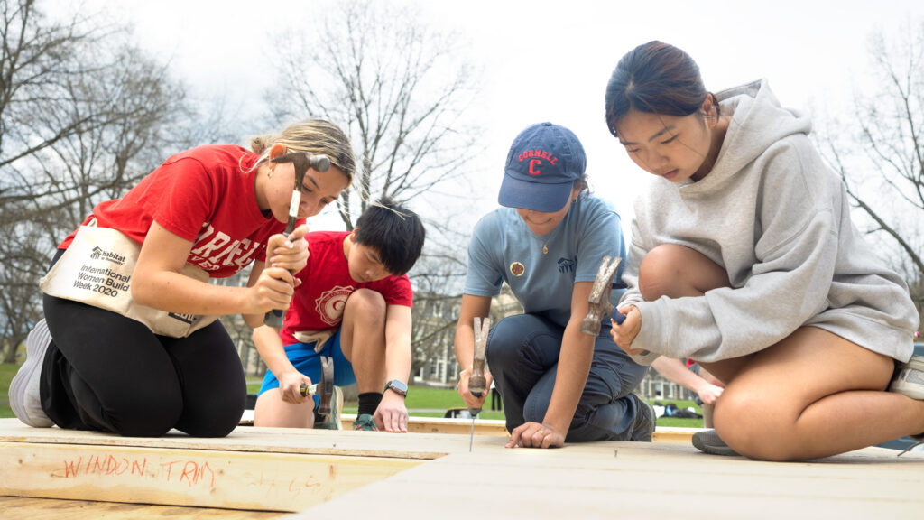 Four students construct a shed on the Arts Quad by hammering nails into wooden boards together.