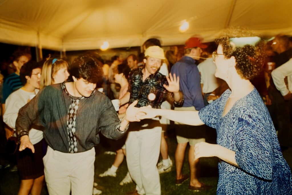 another Reunion classic activity: dancing in the Arts Quad tents, here in 1992