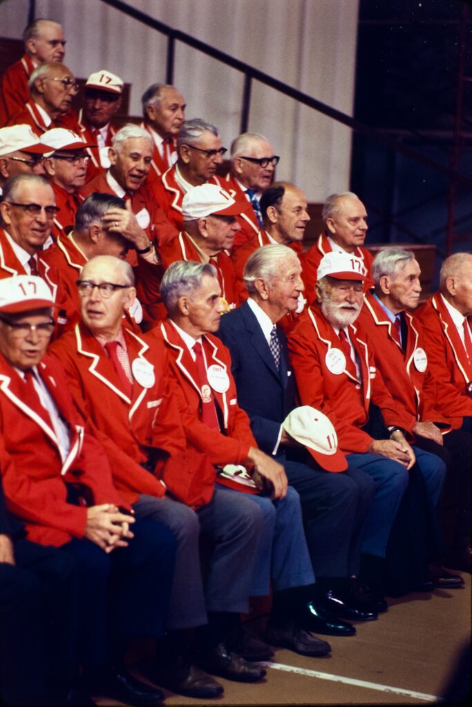a group of alumni, mostly members of the Class of 1917, gather for their 55th during Reunion 1972
