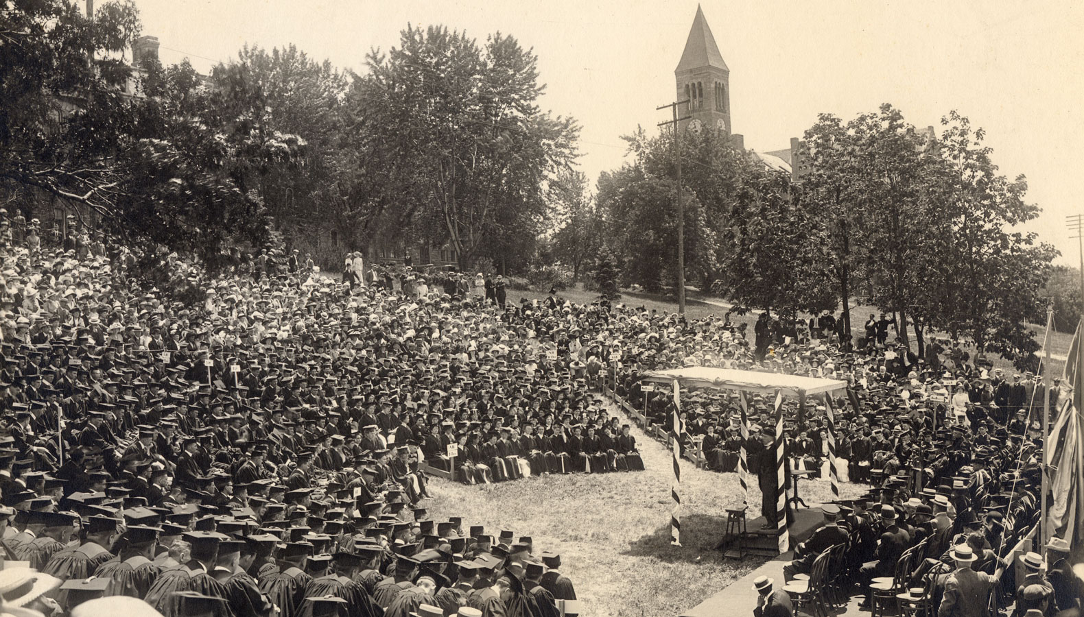 Cornell University’s 1912 Commencement ceremonies being held outdoors on Libe Slope