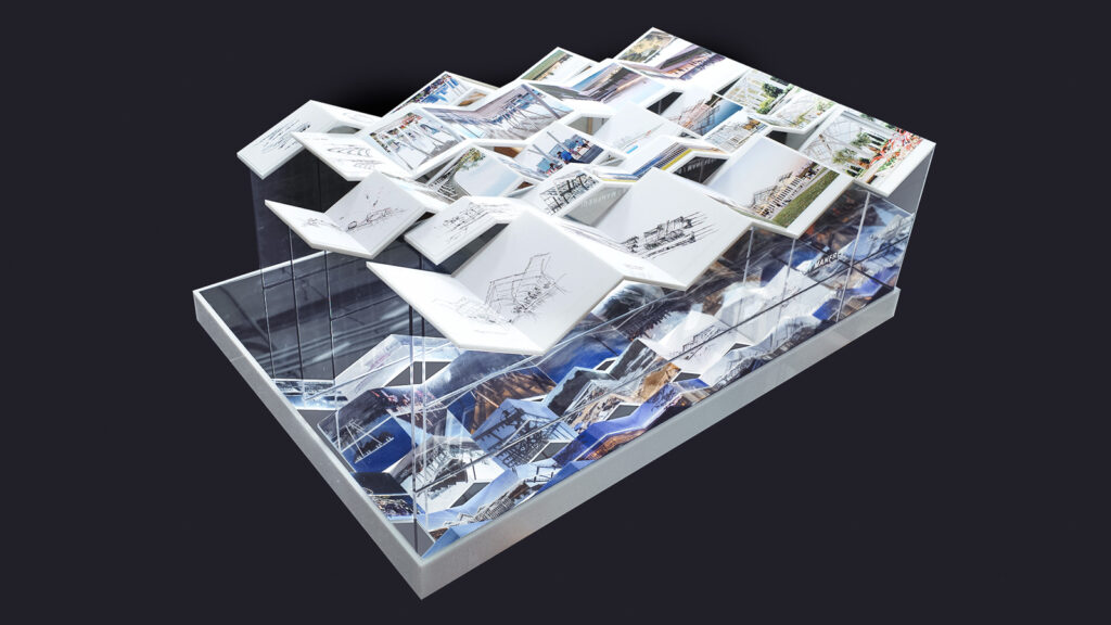 "The Porch: Urban, Aquatic, and Crystaline" depicts a rectangular box shaped like a porch with folked architecture plans inside and as the roof